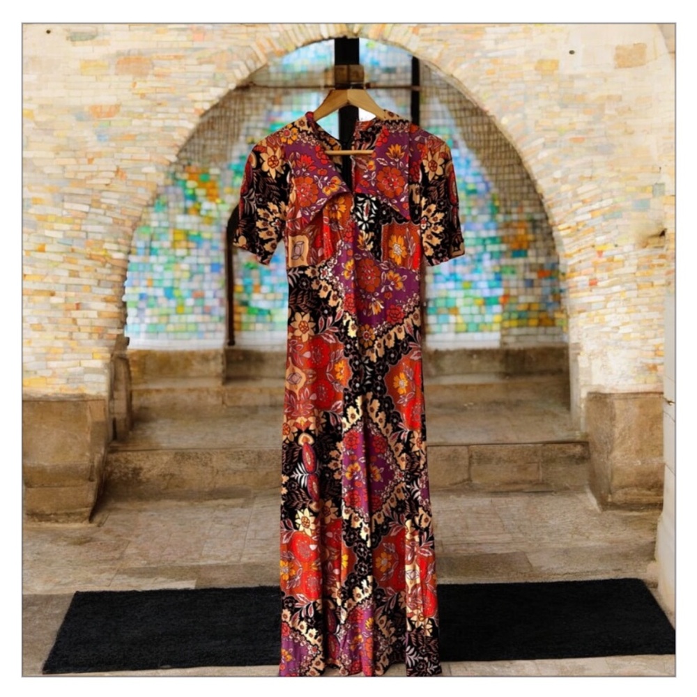 VTG 70’s Amazing Floral Paisley Mix Print Maxi Dress- Wing Collar -Sz 12 EUC ✌️🌼 - Picture 12 of 16